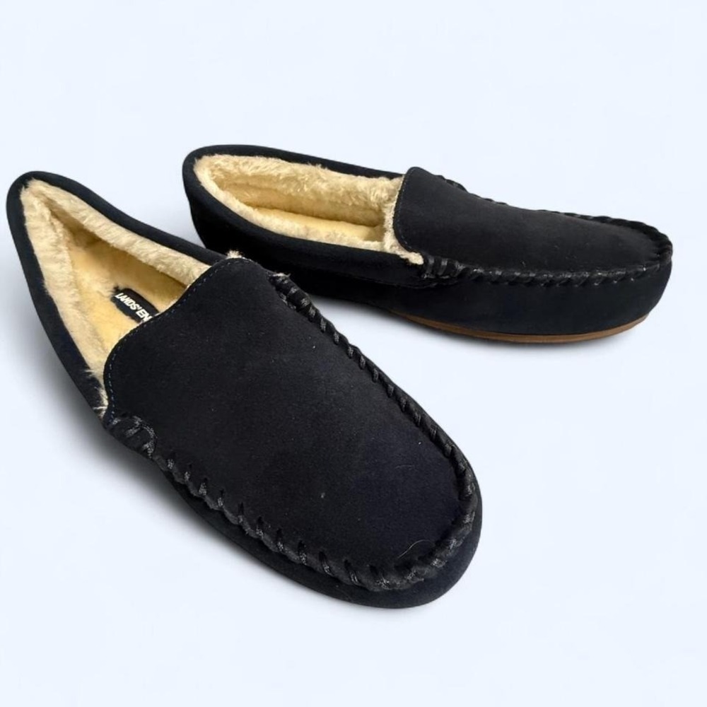 Lands' End navy‎ suede moccasin slippers with fur lining, Size US 9B